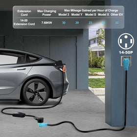 CircleCord charging an EV in a driveway illustrating extended reach convenience