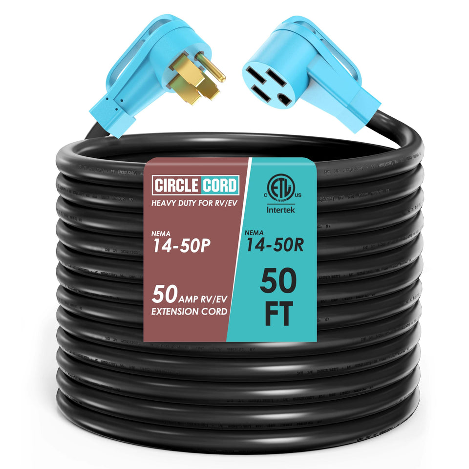 CircleCord front view of 50ft 50A cable showing plugs and benefits