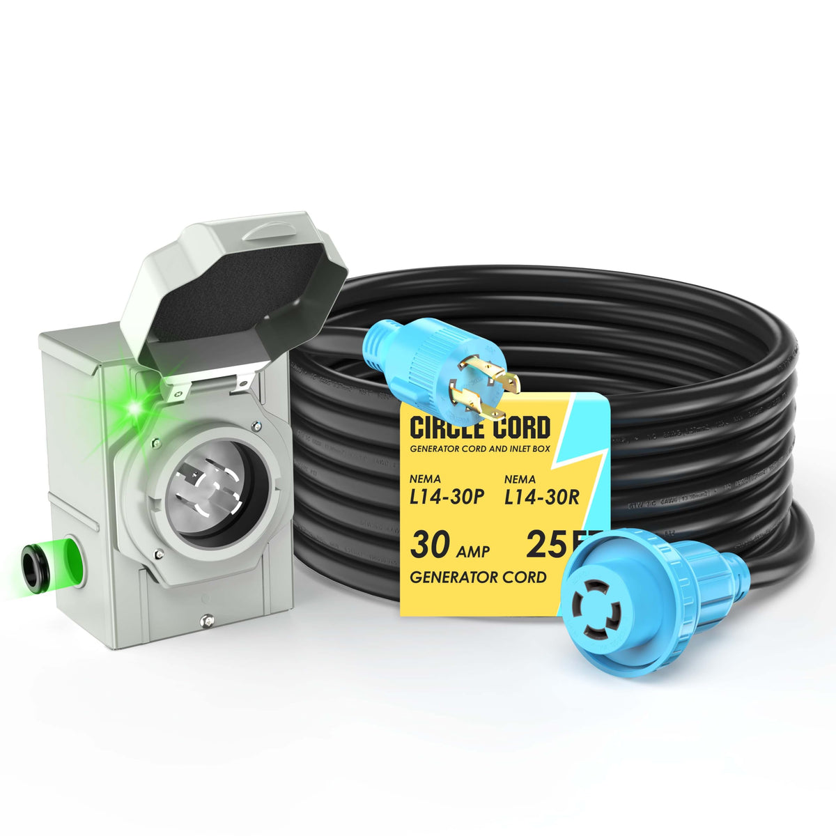 CircleCord inlet box and 25ft cord front view showing durable setup and reliable connection