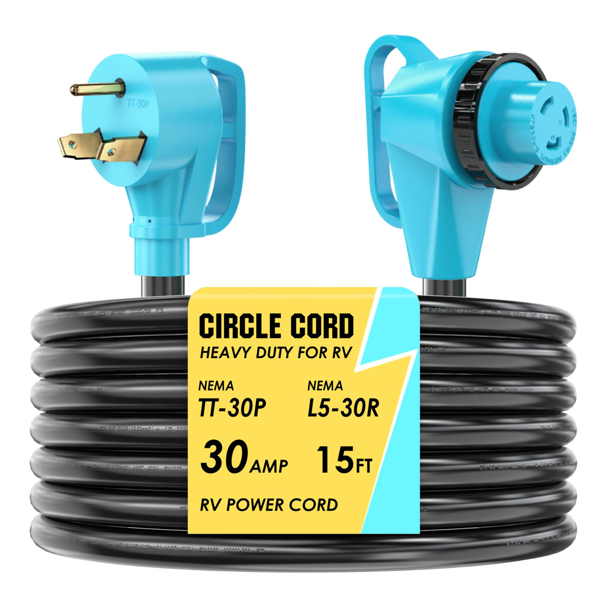CircleCord front view plugged into RV inlet showing secure connection and reliable power