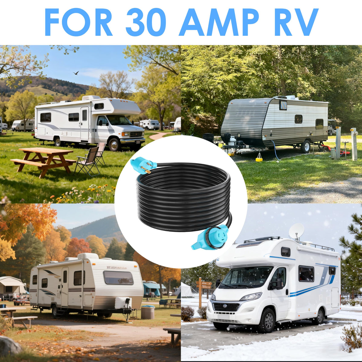 CircleCord in-use at RV pedestal showing reliable shore power delivery