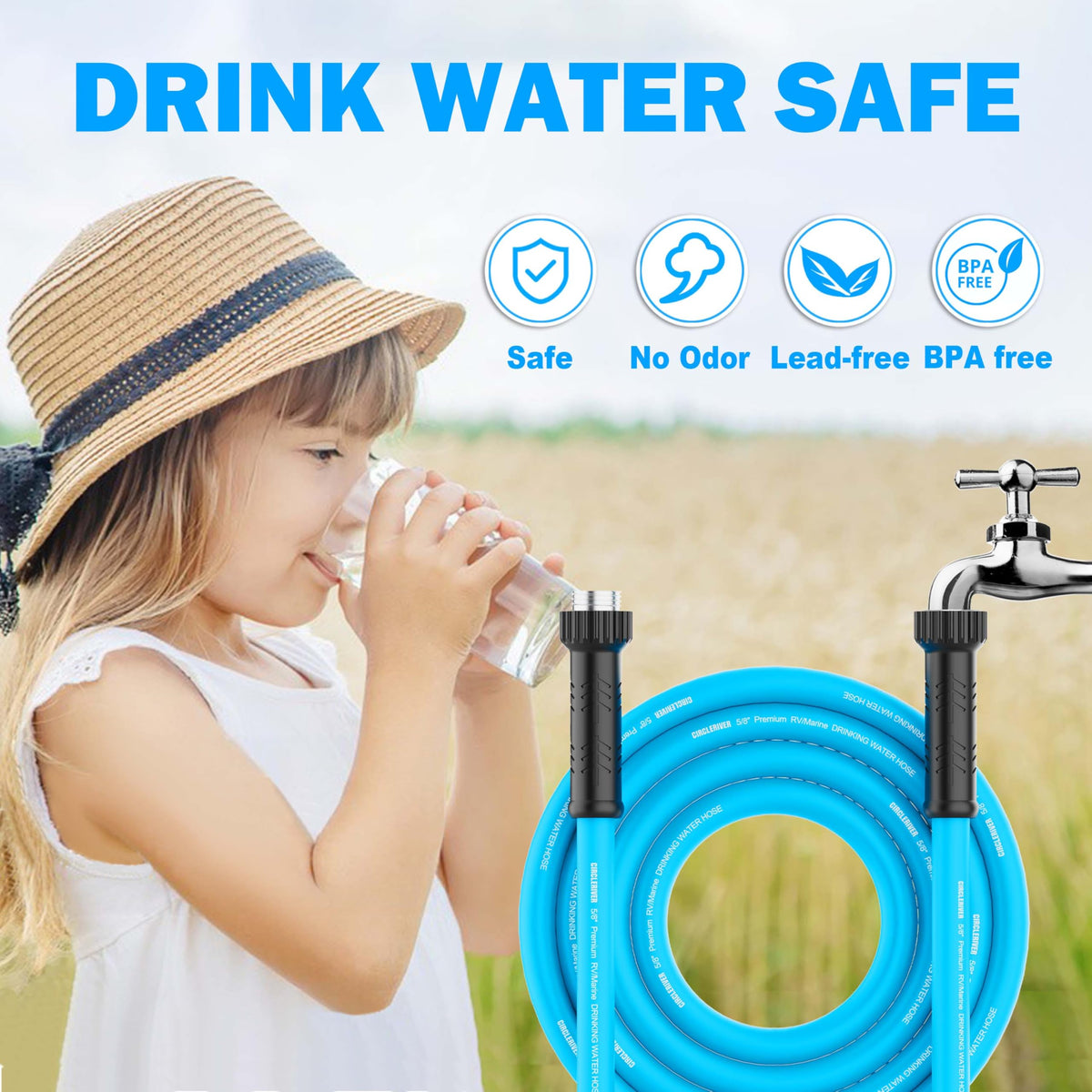 CircleRiver hose on campsite filling jug, clean drinking water on the go benefit