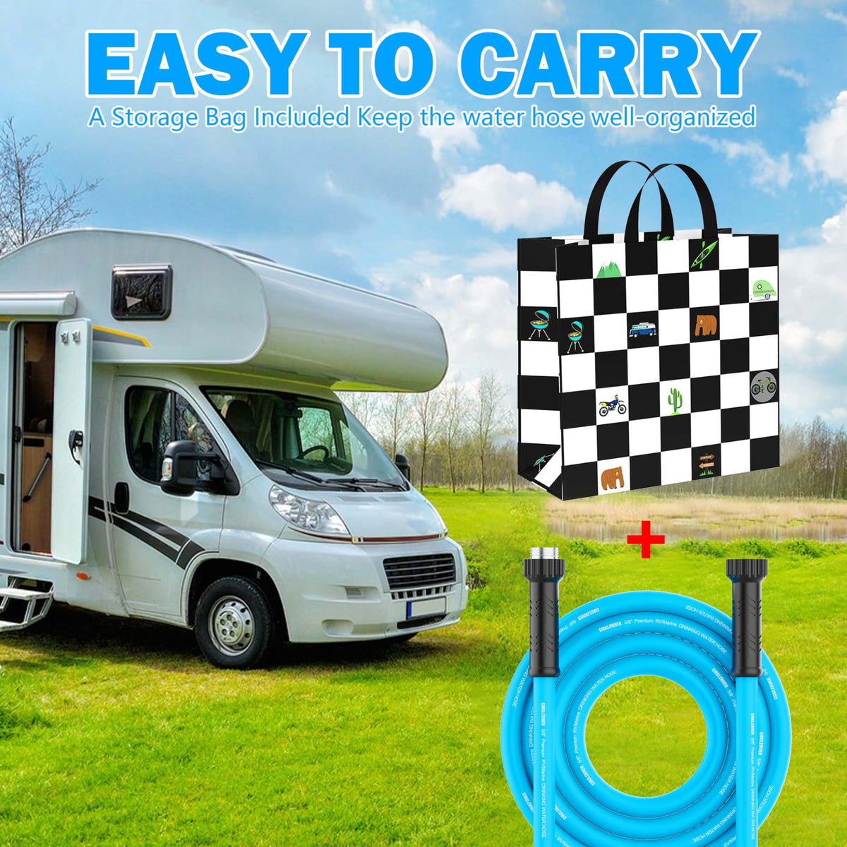 CircleRiver hose packed in storage bag with patented handle for compact transport