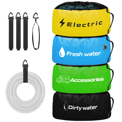 CircleRoad front view of four color-coded bags showing neat storage benefit