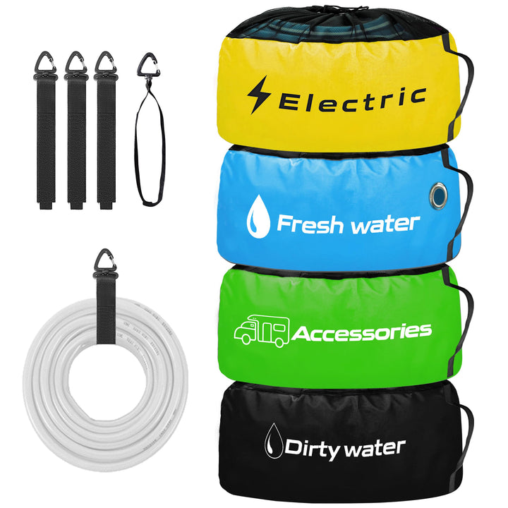 CircleRoad front view of four color-coded bags showing neat storage benefit