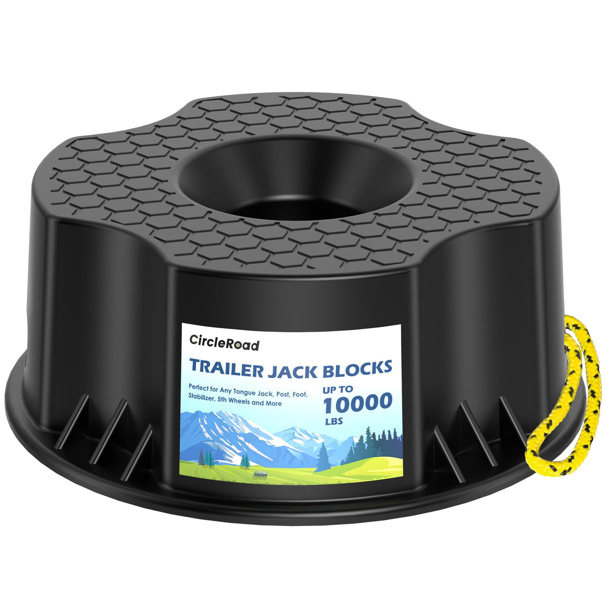 CircleRoad jack block front view showing solid base and load capacity benefit
