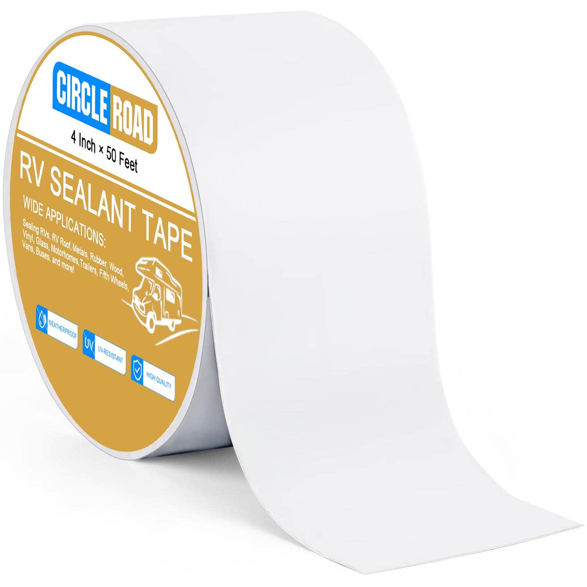 CircleRoad front roll view showing white 4-inch tape and benefit of ready-to-use sealant