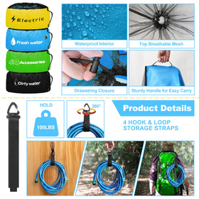 CircleRoad bag next to RV storage bin showing compact space-saving benefit