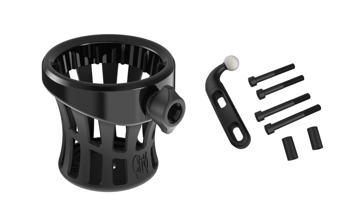 CIRO front view of GEN 2 drink holder showing sleek black finish and mount benefit