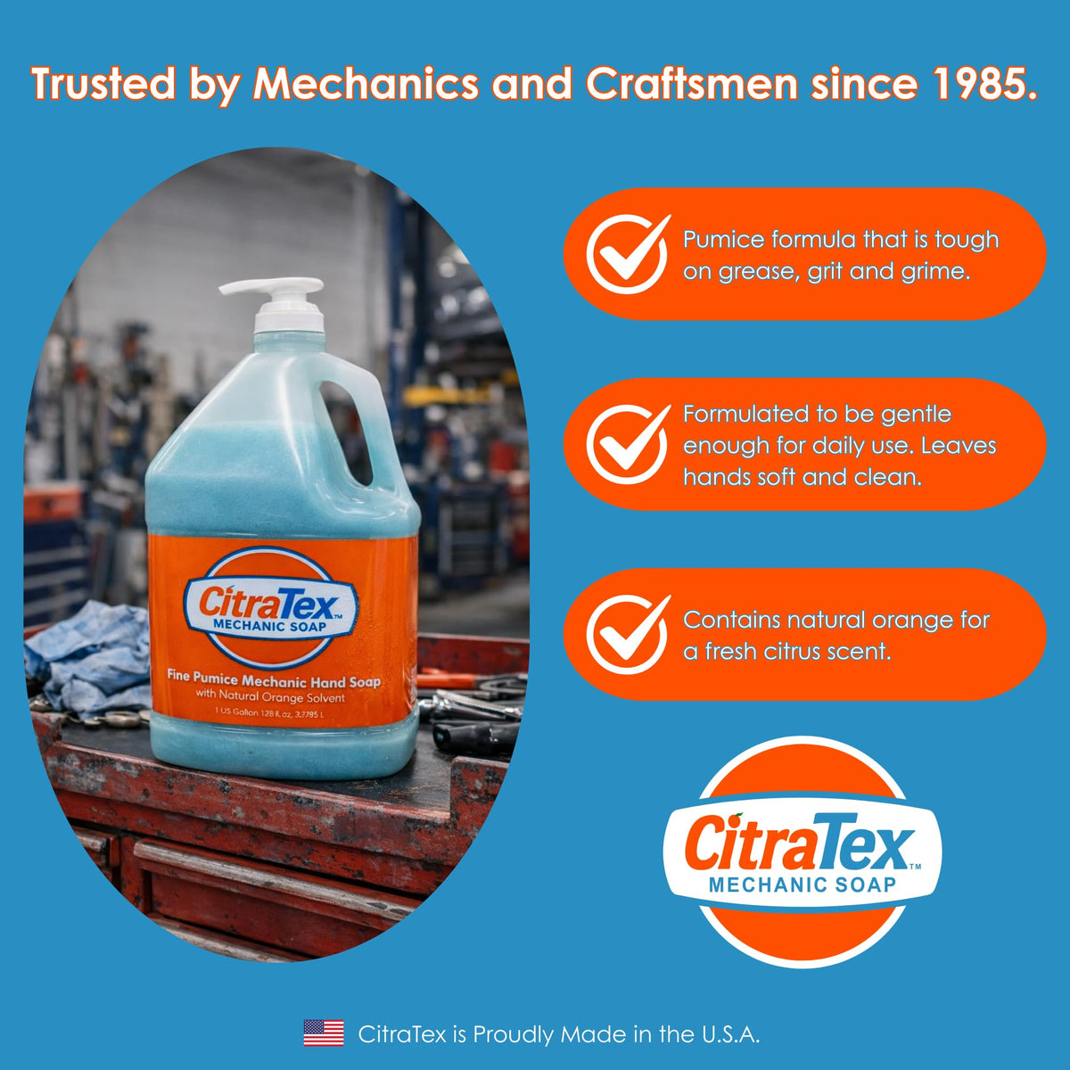 Citratex applied to mechanic hands in garage for effective grease removal
