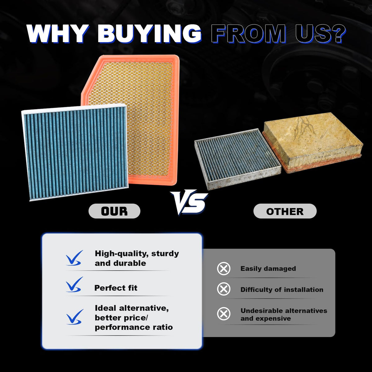 Citumo filter kit next to ruler showing accurate dimensions for proper fitment