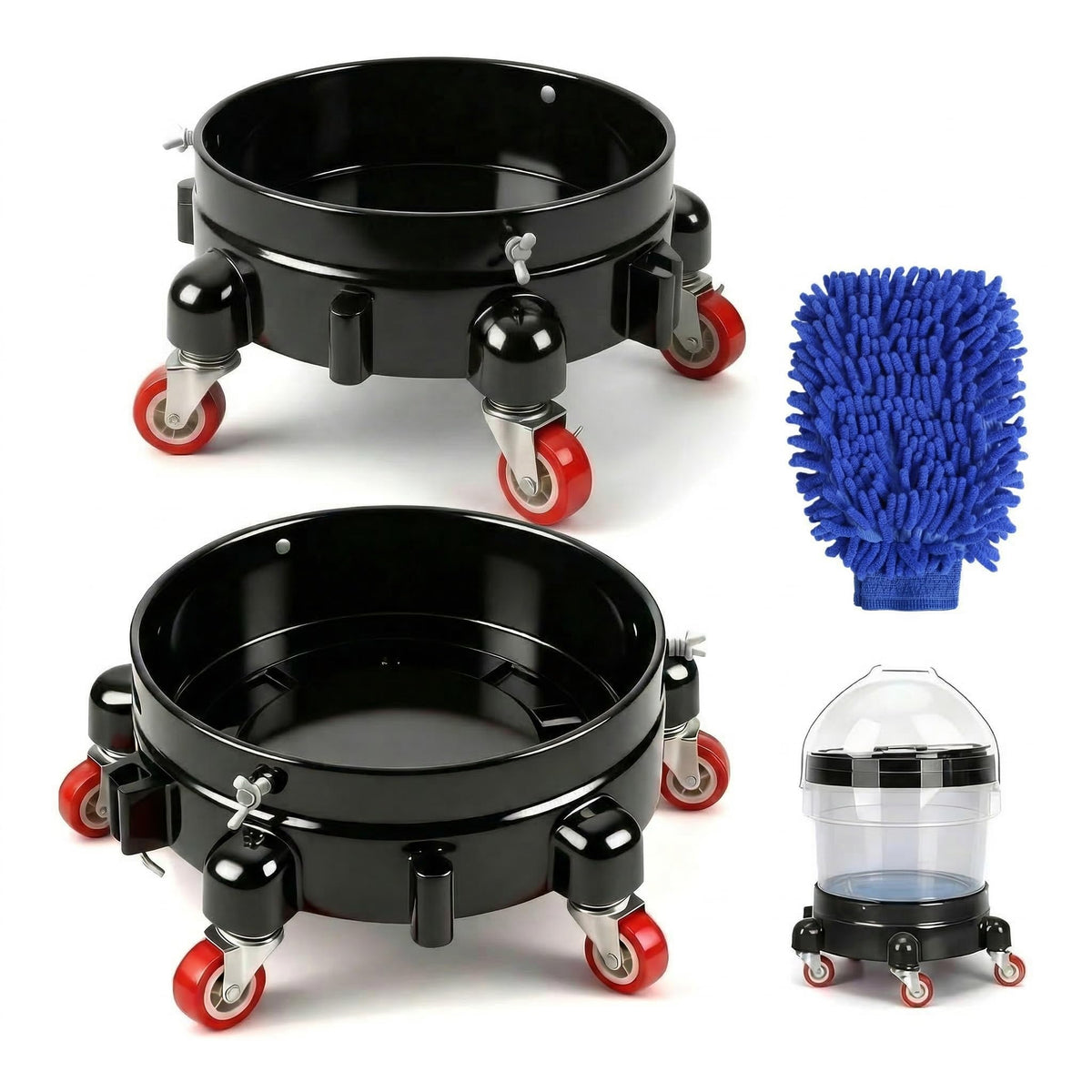 CJKKH front view of two black bucket dollies showing stable platform and capacity benefit