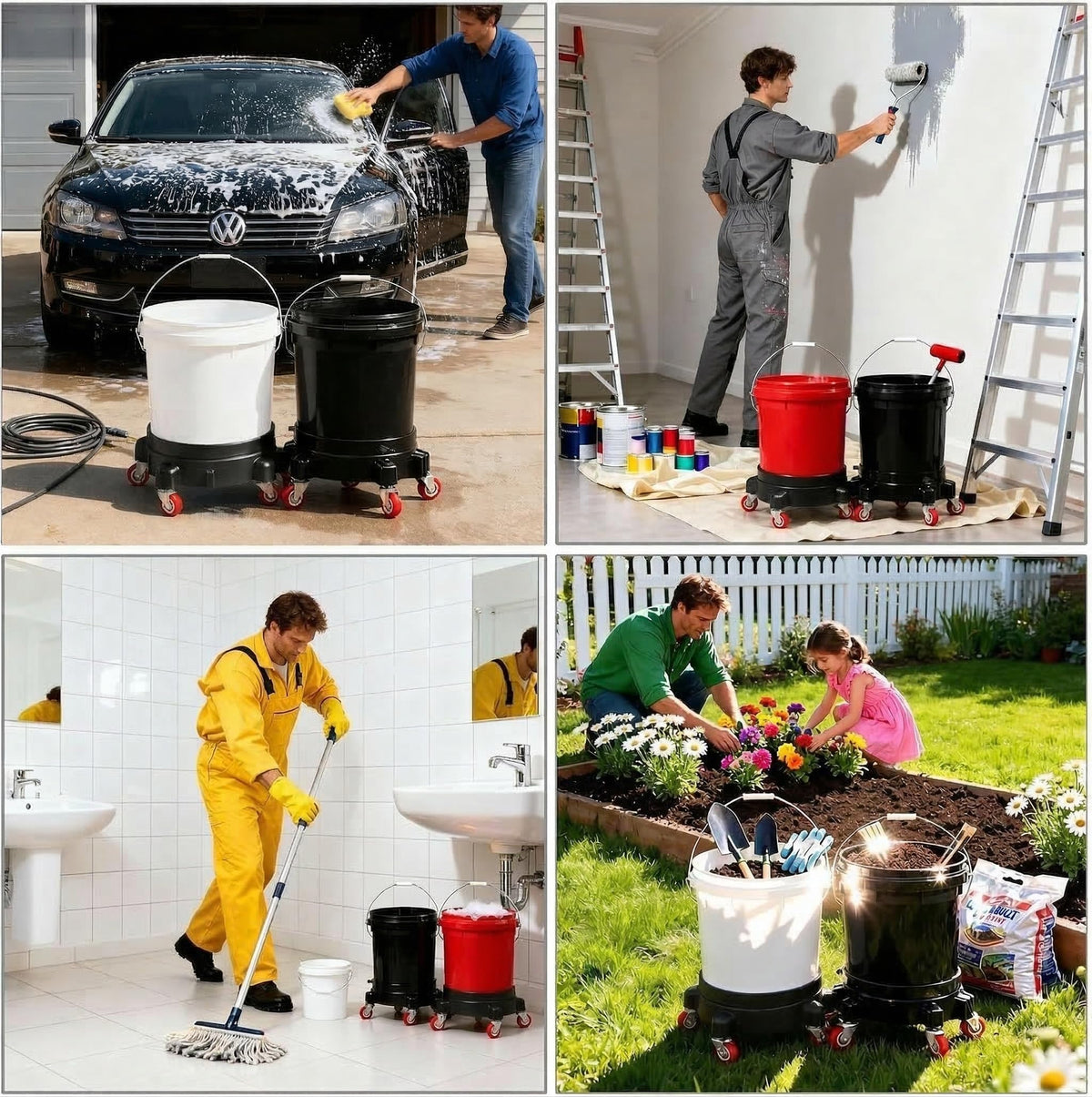 CJKKH bucket dolly in garage car wash lifestyle showing ergonomic back-saving benefit