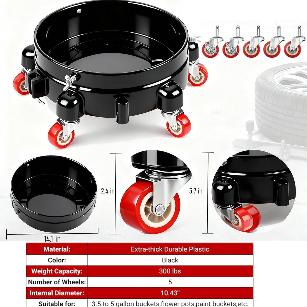 CJKKH side profile with full 5-gallon bucket demonstrating secure fit and easy rolling benefit