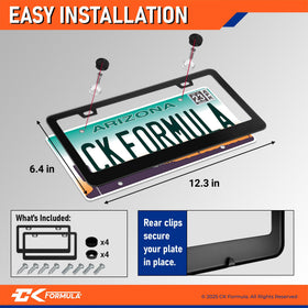 CK FORMULA frame beside standard plate showing accurate size and universal fit