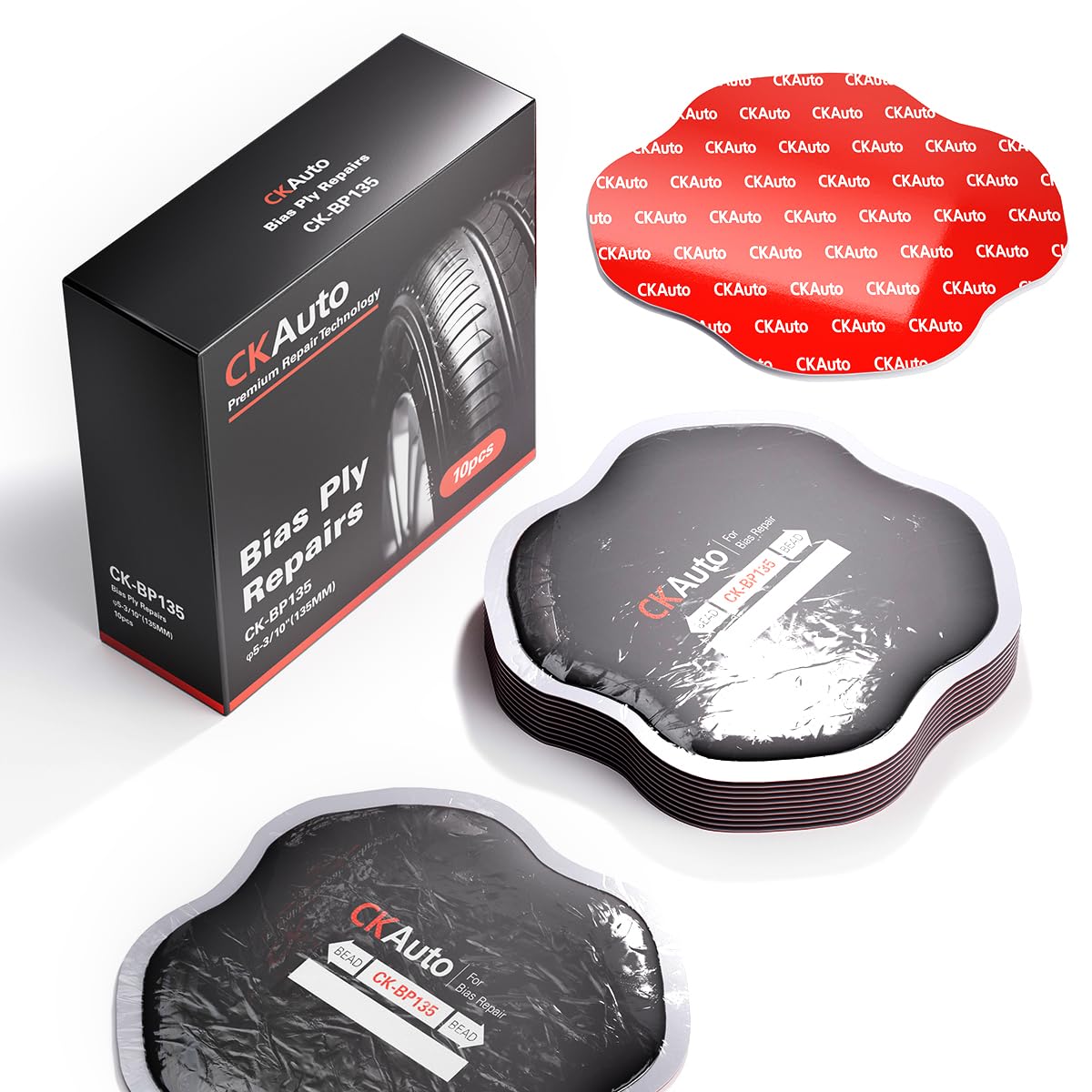 CKAuto front packaging showing ten heavy-duty bias tire patches for reliable repairs