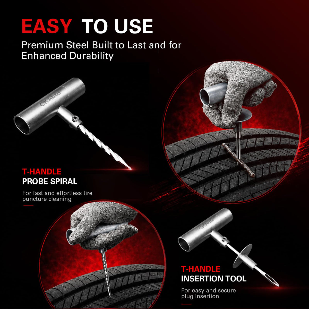 CKAuto kit in use on car tire demonstrating fast roadside puncture repair benefit