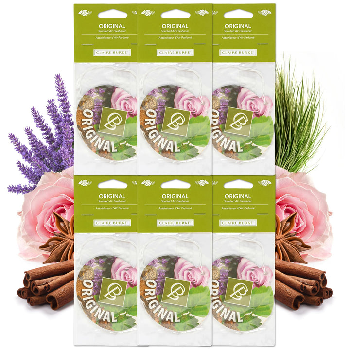 Claire Burke front packaging showing six hanging air fresheners and luxury scent benefit
