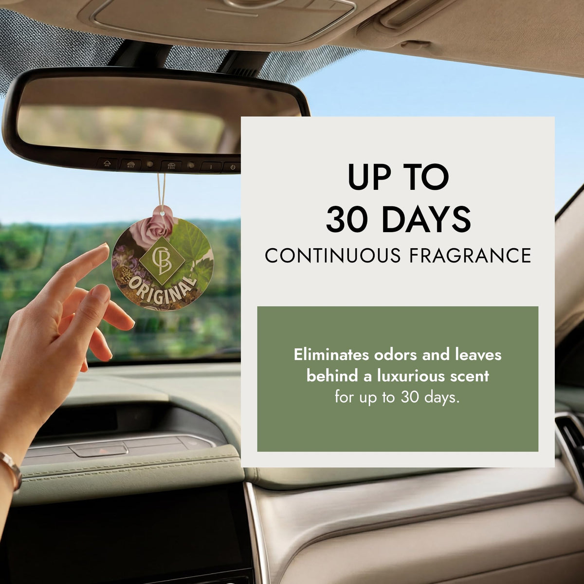 Claire Burke hanging air freshener held in hand showing size and easy installation benefit