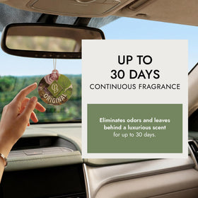 Claire Burke hanging air freshener held in hand showing size and easy installation benefit