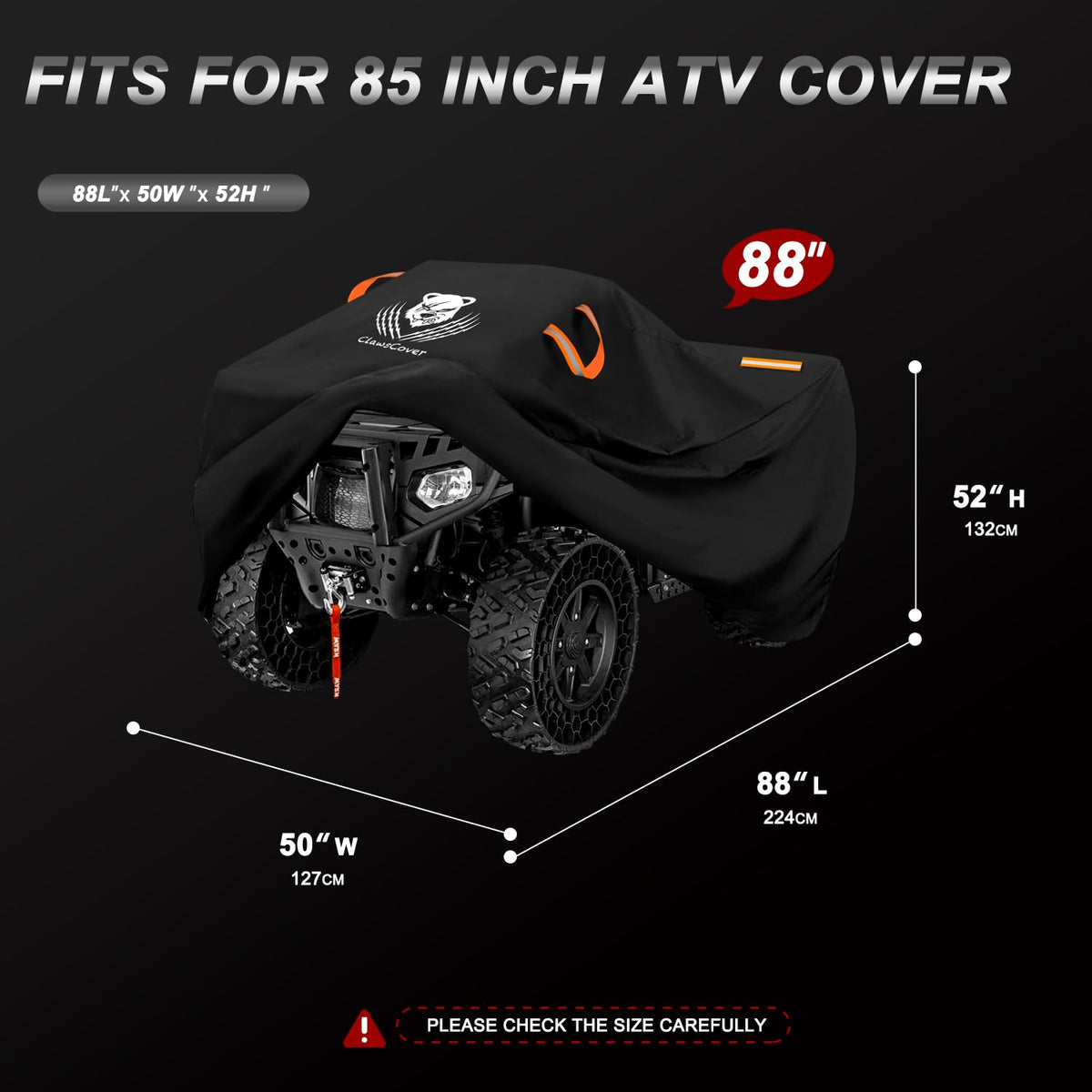 ClawsCover on ATV side profile illustrating 88 inch XXL fit and coverage