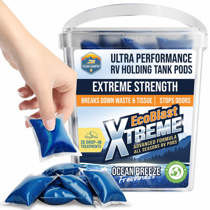 Clean Camper front packaging showing product and benefits for fresh RV tanks