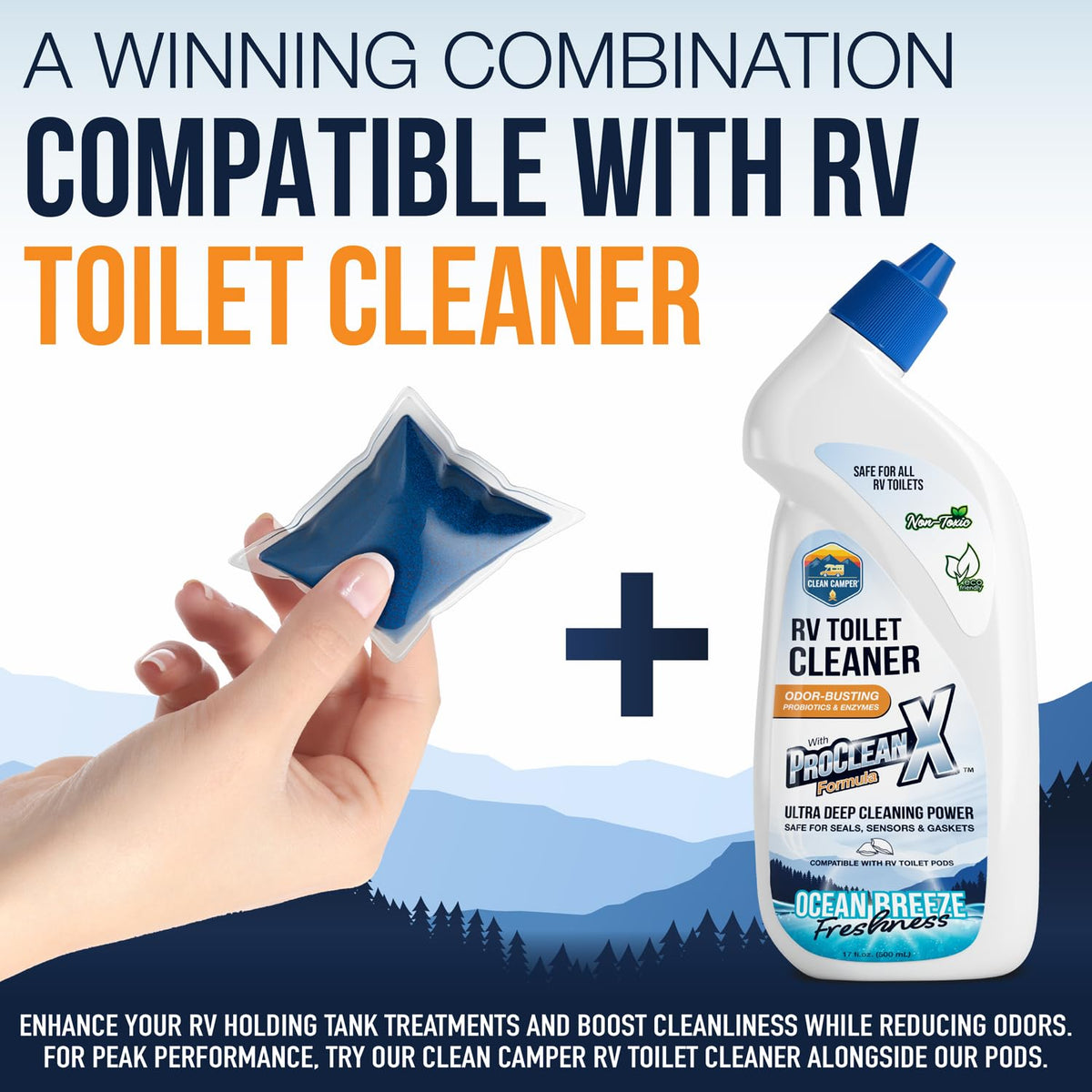 Clean Camper pod placed in RV bathroom illustrating simple maintenance