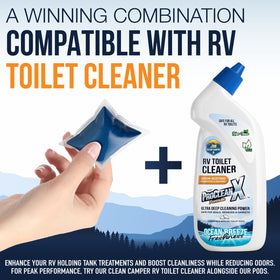 Clean Camper pod placed in RV bathroom illustrating simple maintenance