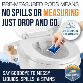 Clean Camper pods at campsite portraying odor control and travel readiness