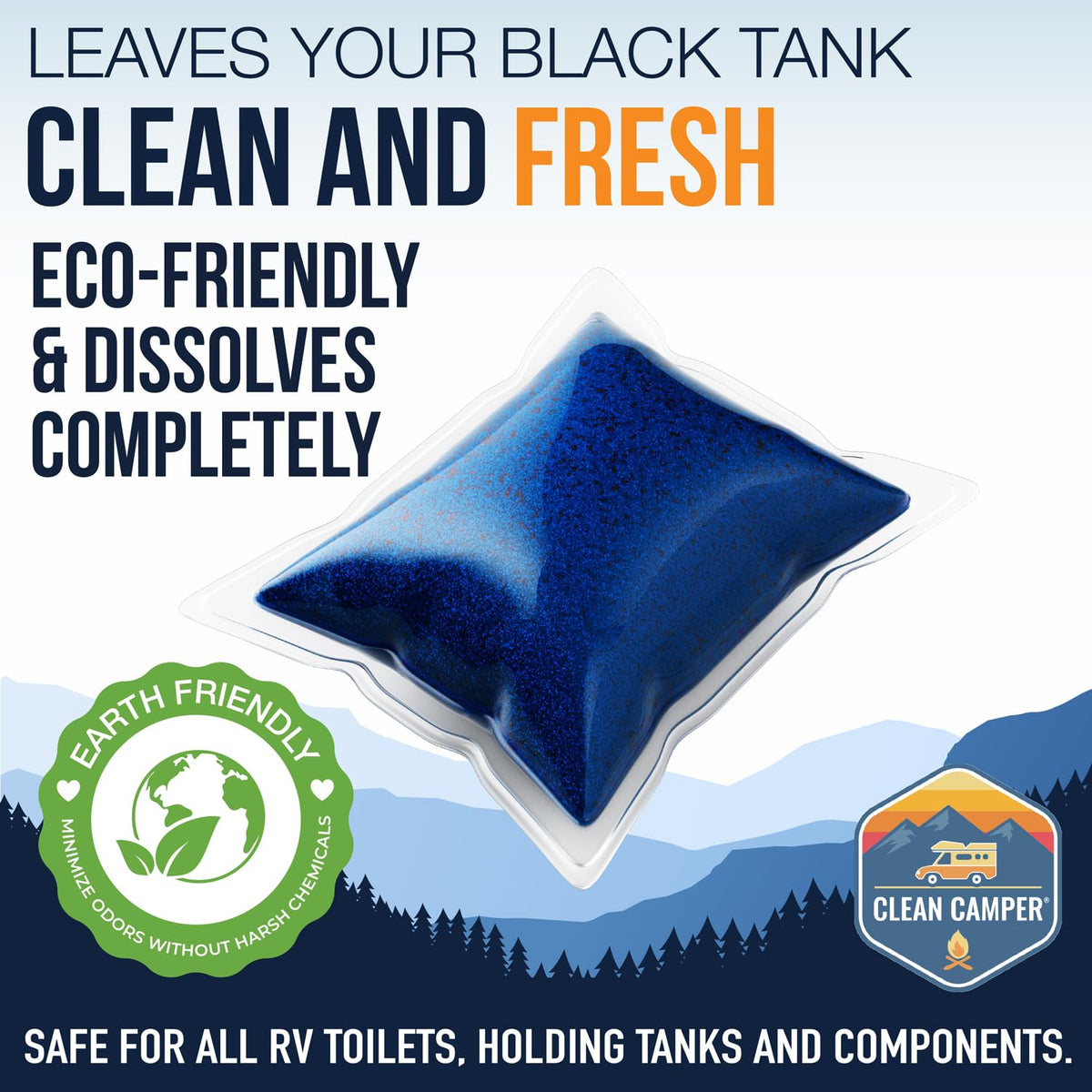 Clean Camper pod in hand demonstrating one-step drop-in convenience