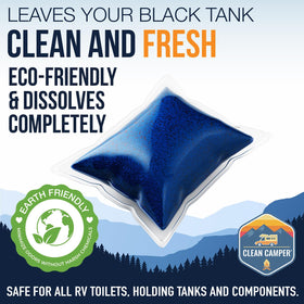 Clean Camper pod in hand demonstrating one-step drop-in convenience