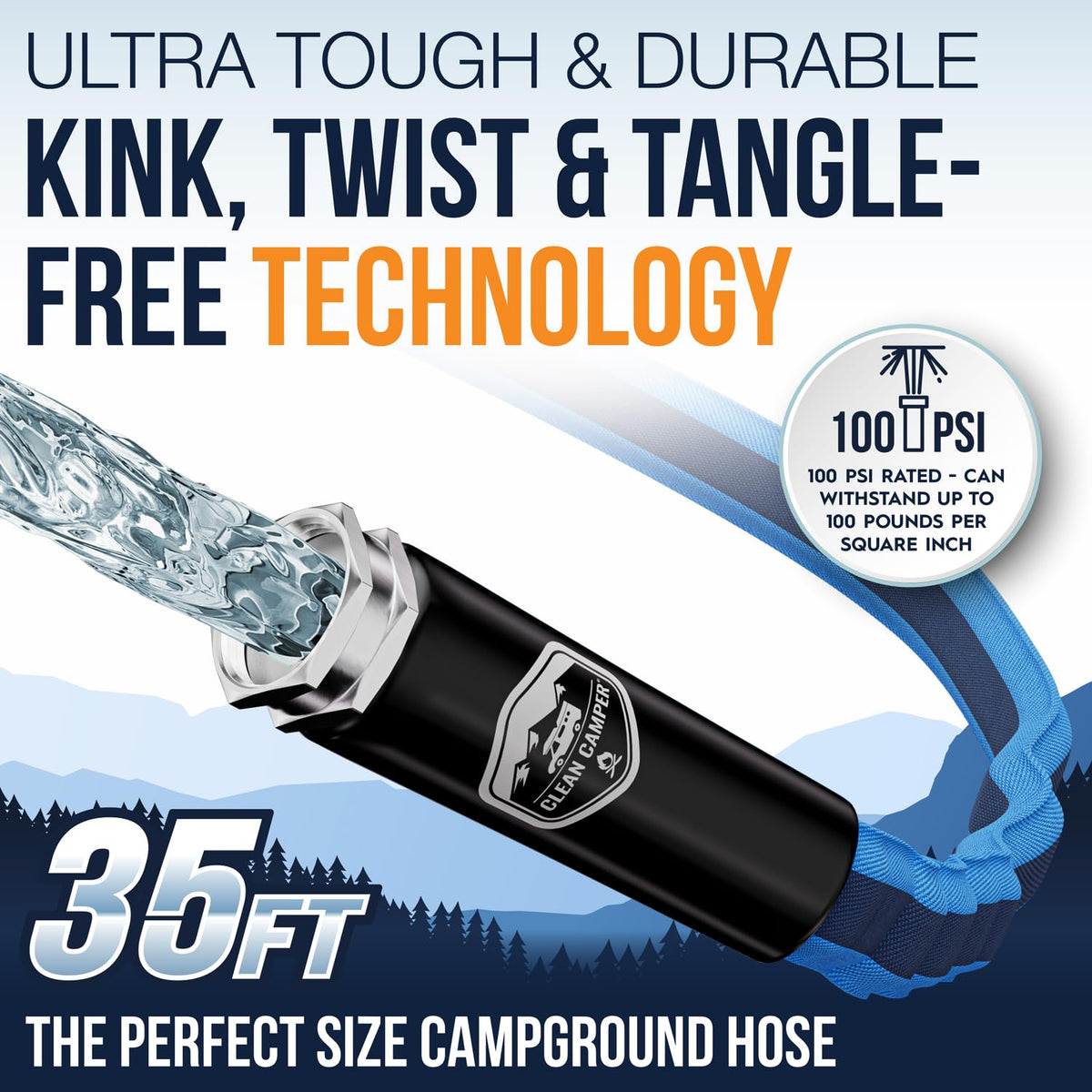 Clean Camper hose bending smoothly with no kink for reliable flow