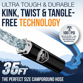 Clean Camper hose bending smoothly with no kink for reliable flow