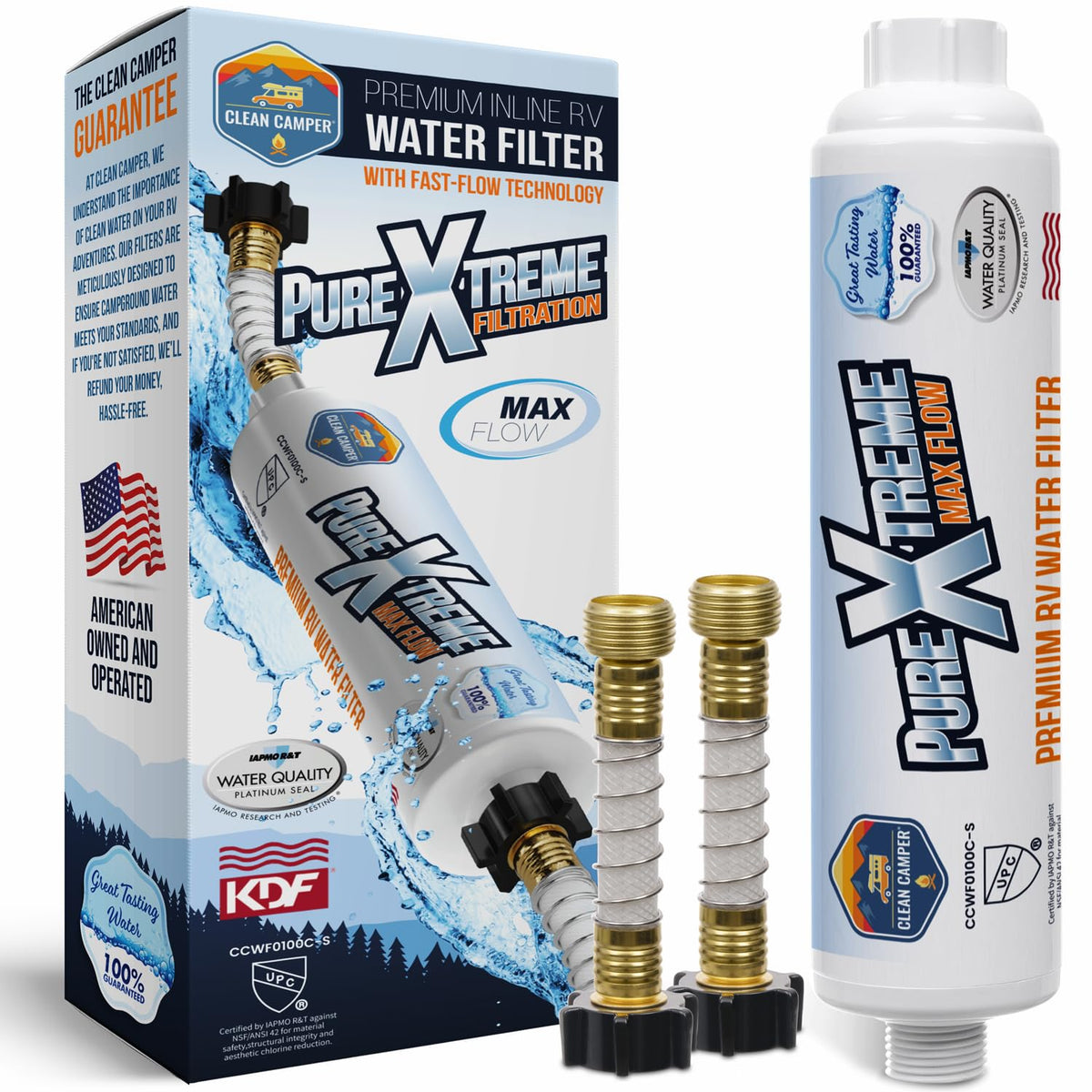 Clean Camper front packaging showing unit and connectors for easy setup