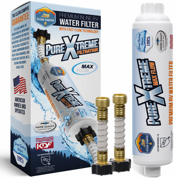 Clean Camper front packaging showing unit and connectors for easy setup
