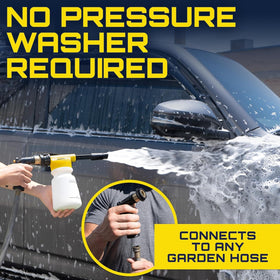Clean Car USA thick foam on car hood demonstrating cling for better grime removal