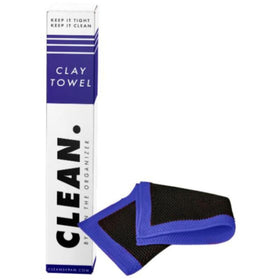 CLEAN. clay towel front showing full 12x12 size and packaging, professional prep benefit