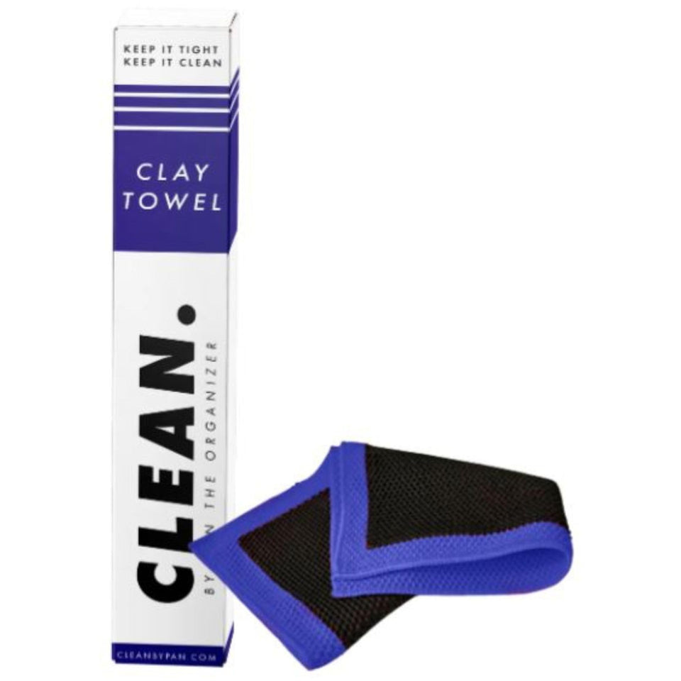 CLEAN. clay towel front showing full 12x12 size and packaging, professional prep benefit