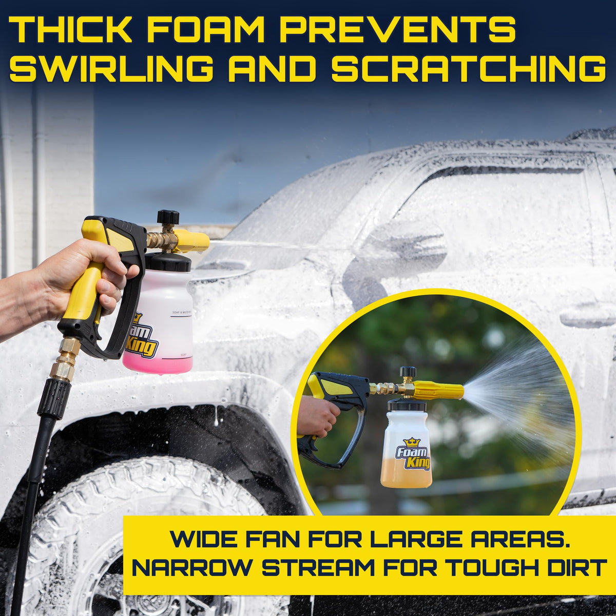 Clean Car USA foam cannon spraying thick snow foam on a car for safer pre-wash cleaning