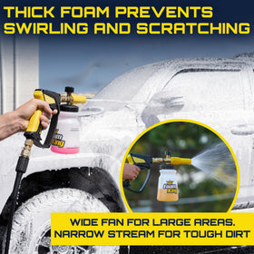Clean Car USA foam cannon spraying thick snow foam on a car for safer pre-wash cleaning