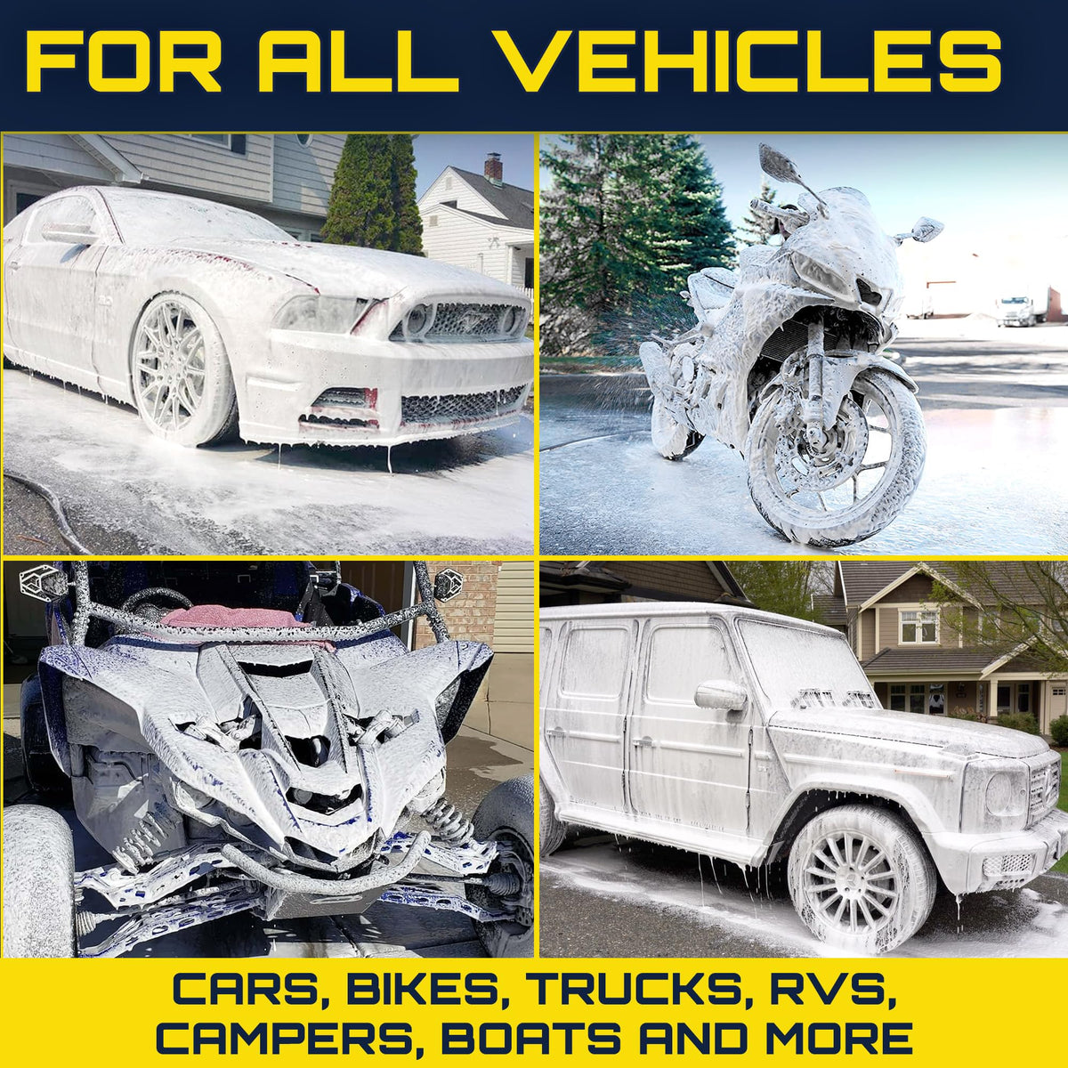 Clean Car USA foam cannon next to pressure washer showing compatible scale and setup benefit