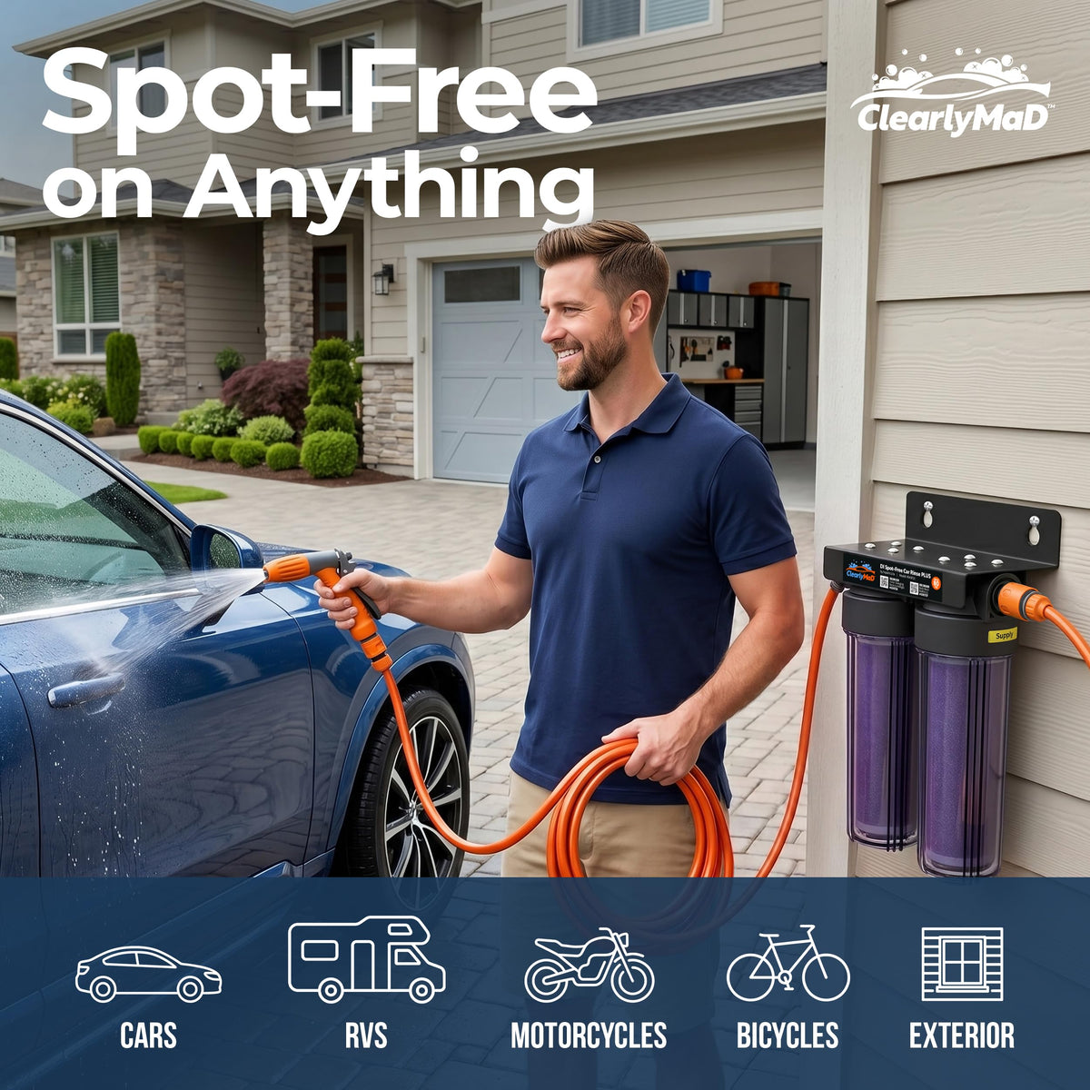 Clearly MaD rinse kit in driveway washing car demonstrating spot-free air-dry finish