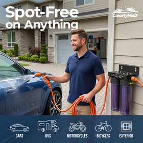 Clearly MaD rinse kit in driveway washing car demonstrating spot-free air-dry finish