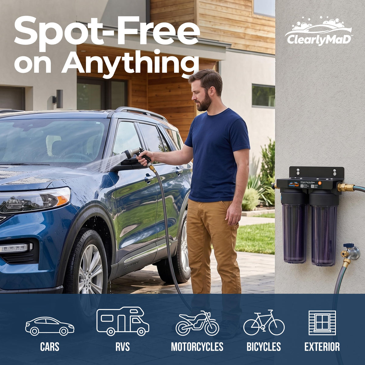 Clearly MaD vehicle rinse in action showing spot-free finish and faster drying benefit