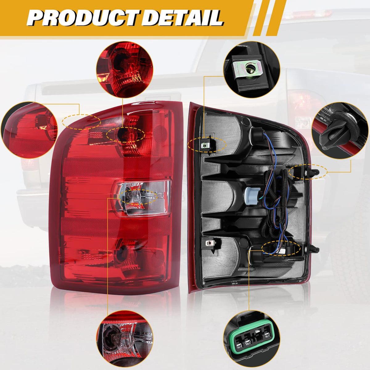 CLERYYE tail light backside showing included harness and plug for easy plug-and-play