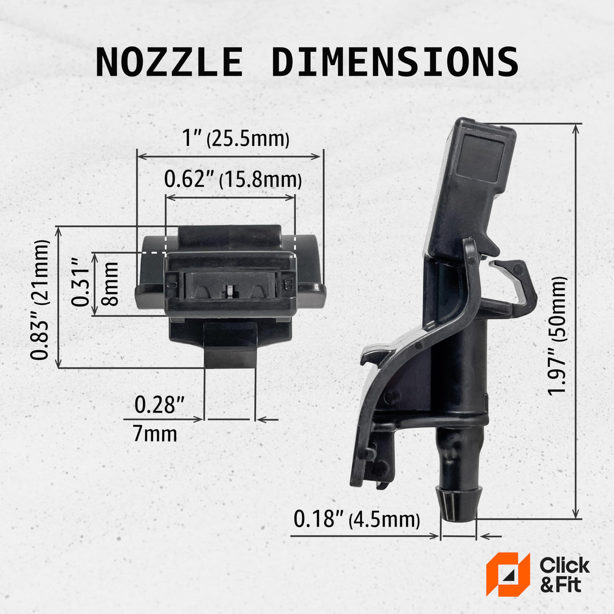 Click&Fit nozzle next to ruler showing correct scale for fit confirmation