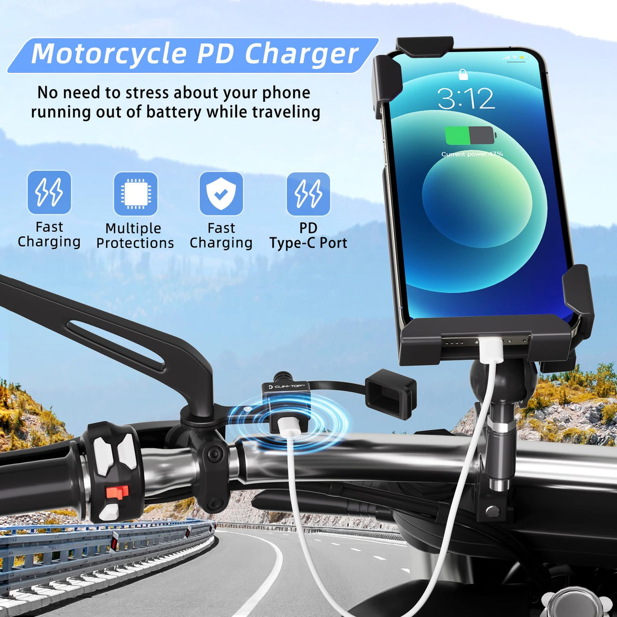 Cliff Top powering phone on handlebar highlighting reliable on‑road charging