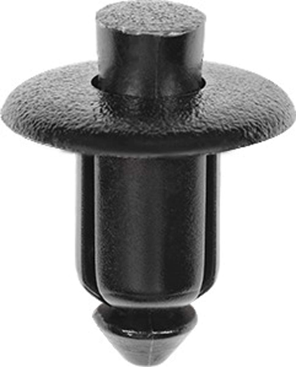 Clipsandfasteners front view of black nylon retainer showing head for secure fit