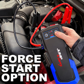 Clore Automotive JNC305 hooked to car battery illustrating quick jump-start benefit