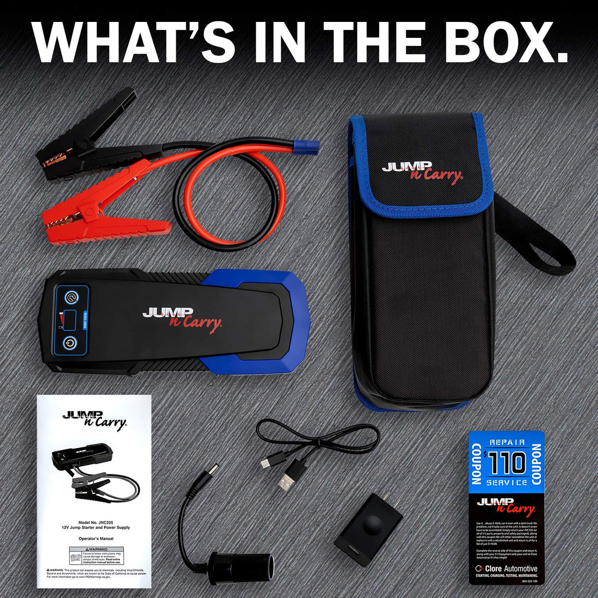 Clore Automotive with carrying case and USB-C cable for organized storage and fast charging